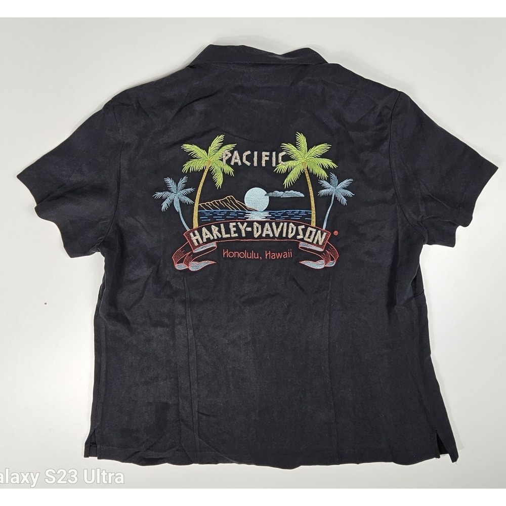 Harley-Davidson Womens Large Silk Button Up Embroidered Honolulu HI Palm Tree